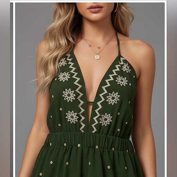 Boho Floral Embroidered Deep V-Neck Dress Green - Picture 4 of 10